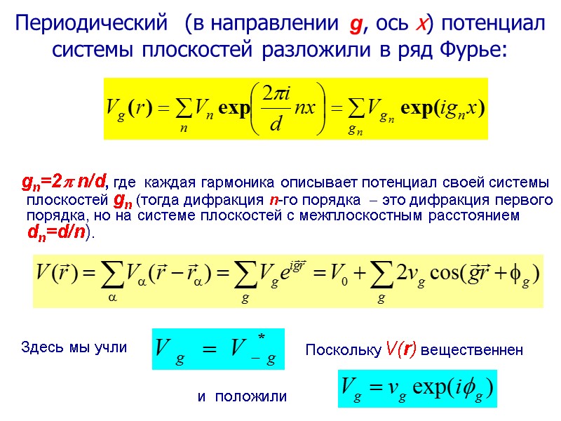 Периодический  (в направлении g, ось x) потенциал системы плоскостей разложили в ряд Фурье:
